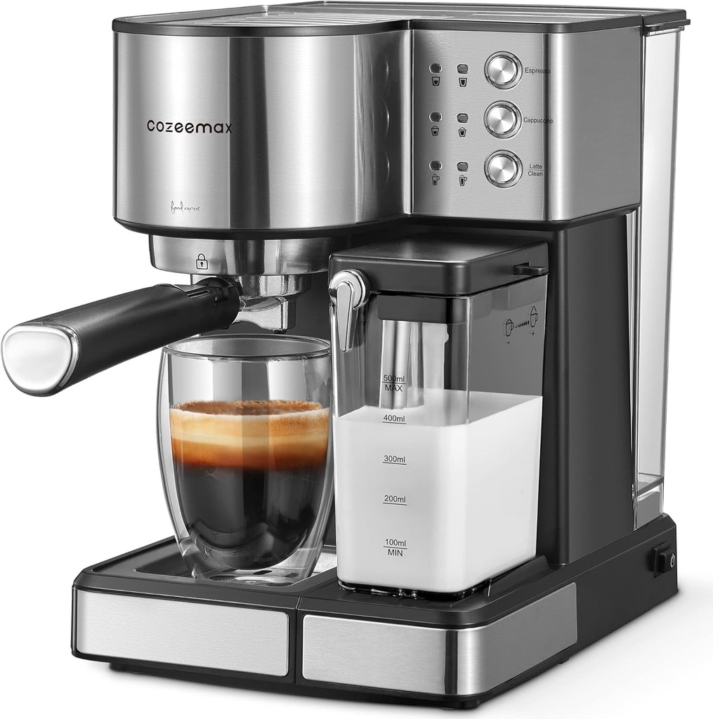Cafetiera Cozeemax cu spumator de lapte, cafetiera de 1,8 l, aparate de cafea si espresso cu 15 bare, cafetiera electrica mica, otel inoxidabil, 1350 W