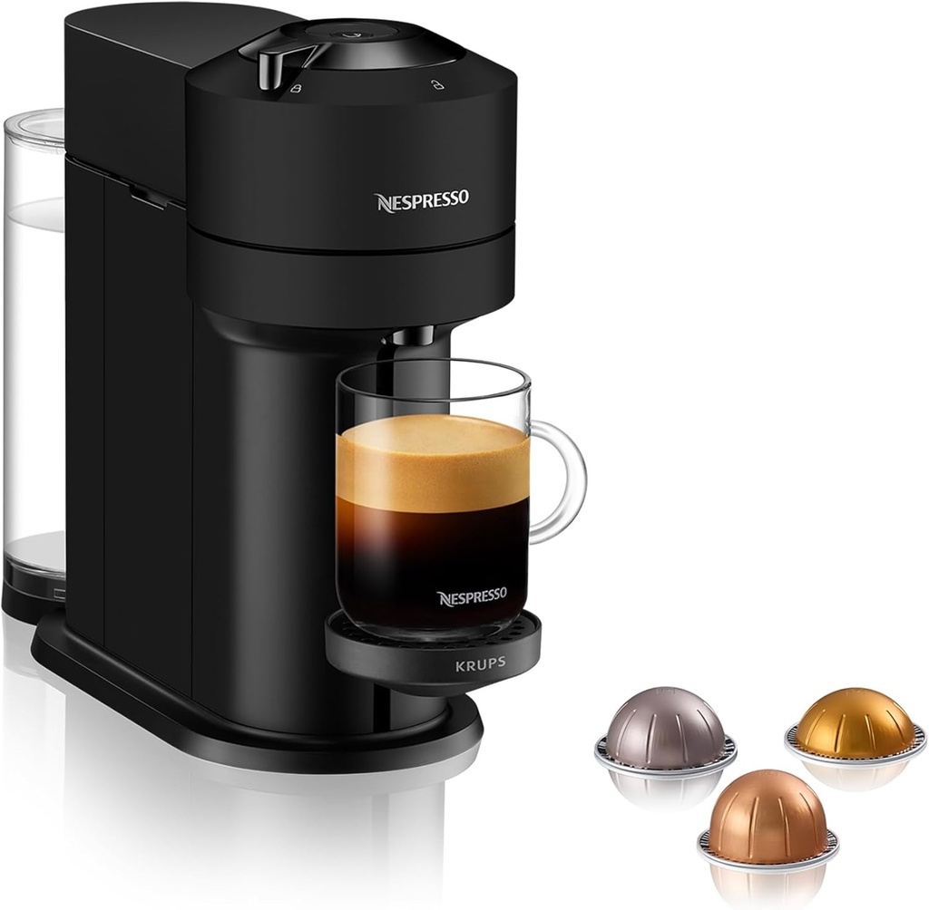 Espressor cu capsule Nespresso Vertuo Next, tehnologie de centrifugare, compatibil cu Wi-Fi si Bluetooth, design de economisire a energiei, cesti de dimensiuni multiple, compatibil cu capsulele Vertuo de la Krups, negru mat