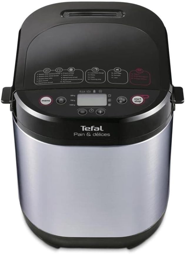 Masina de facut paine Tefal Pain & Délices, 20 de programe de coacere, 3 dimensiuni de paine si niveluri de rumenire reglabile, potrivita si pentru prajituri, pizza si aluat de paste, tava antiaderenta, negru/otel inoxidabil, PF240E