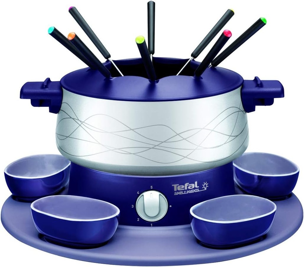 Set fondue electric Tefal cu 8 furculite si 4 boluri, termostat reglabil, vas antiaderent, pentru fondue de branza, fondue de ulei sau fondue de ciocolata, curatare usoara, placa rotativa, EF3514