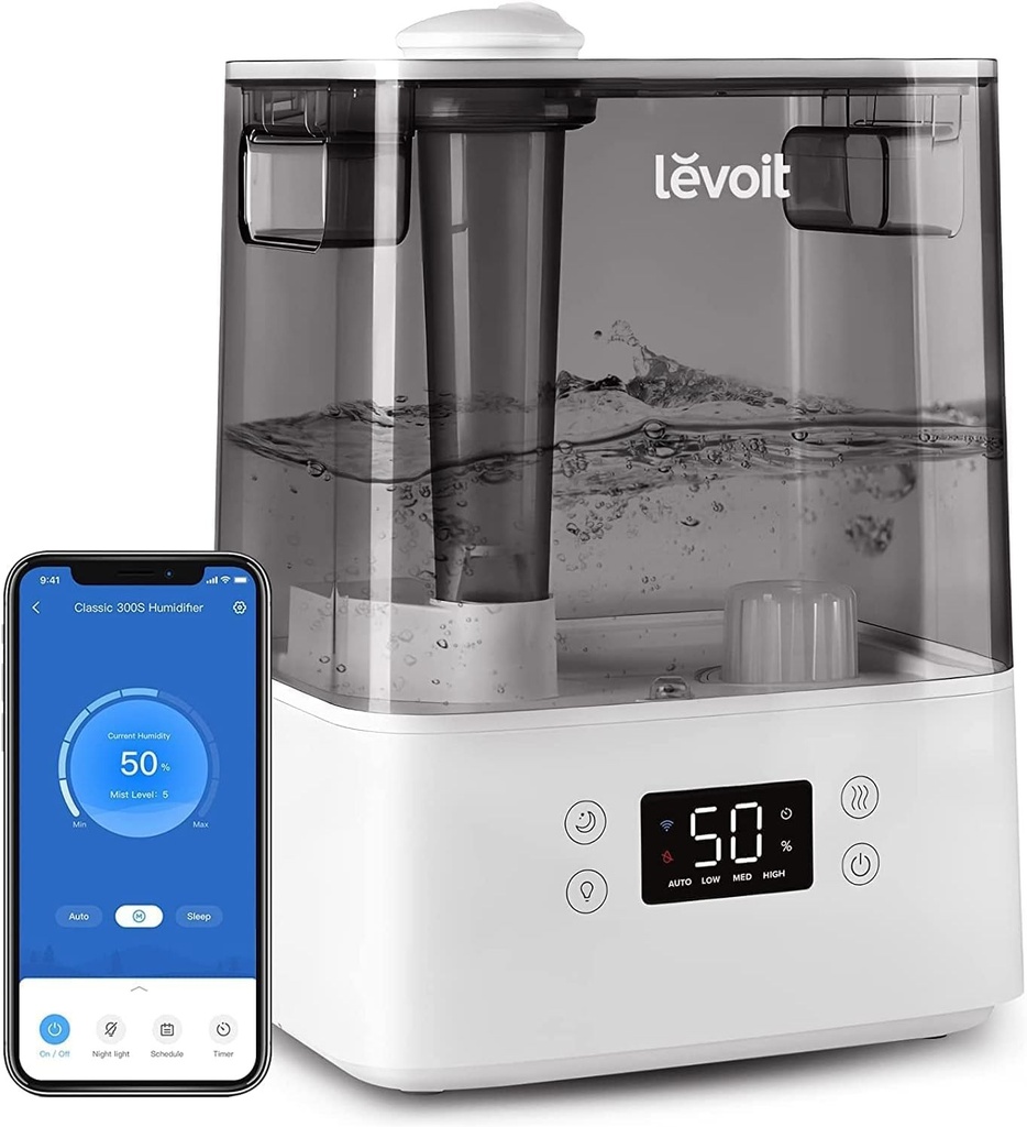 Umidificator cu umplere superioara LEVOIT 6L cu WiFi, 27dB, control prin aplicatie si Alexa, mod automat si repaus, umidificator cu ultrasunete ultra silentios, 60H, pentru camere si dormitoare de copii de pana la 47m², gri