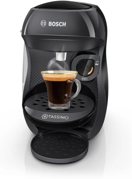 Espressor cu capsule Bosch Tassimo Happy Friendly TAS102E, peste 70 de bauturi, potrivit pentru toate tipurile de cesti, oprire automata, sustenabil, dozat perfect, economiseste spatiu, 1400 W, negru