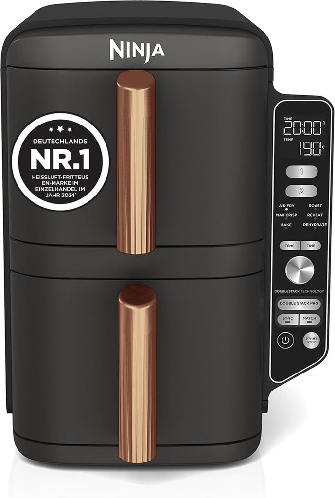 Friteuza cu aer Ninja Double Stack XL, 2 sertare verticale, 4 niveluri de gatire, 2 tavi, design compact, capacitate 9,5 l, 6 functii, 8 portii, cleste, negru/cupru SL400EUCP