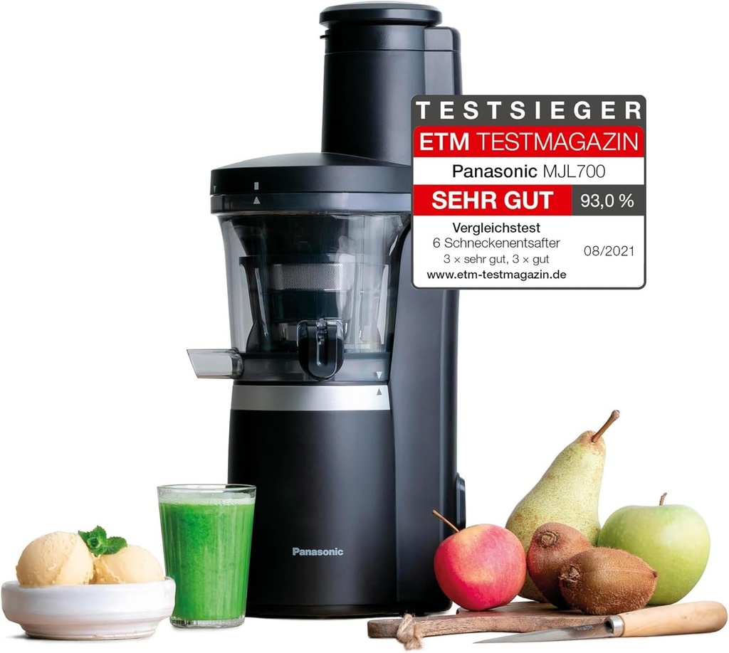 Storcator lent Panasonic MJ-L700KXE, presa electrica de fructe, sucuri de fructe si legume intregi, deschidere de 75 mm, design subtire, sigur si practic, negru, negru mat