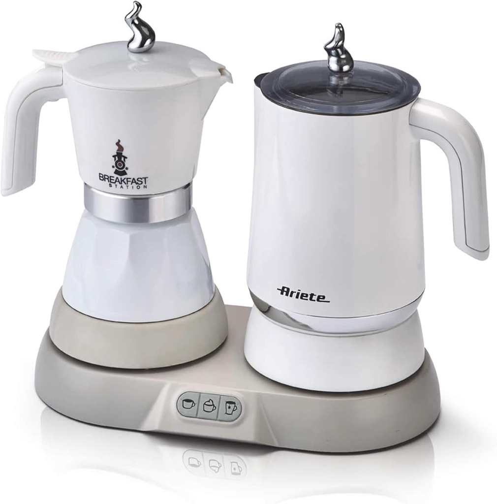 Statie de mic dejun Ariete 1344, 3 produse in 1: Spumator de lapte Moka - Cald si Rece, 500W, Capacitate 4/2 cesti, Mentine cafeaua calda, 5 functii, Alb