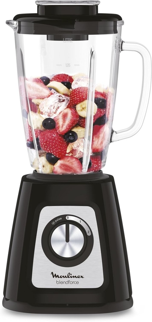 Blender electric Moulinex, bol din sticla de 1,75 l, putere 800 W, blocare de siguranta, design ergonomic, rasnita de cereale, smoothie-uri, zdrobire gheata, Blendforce, negru LM430810