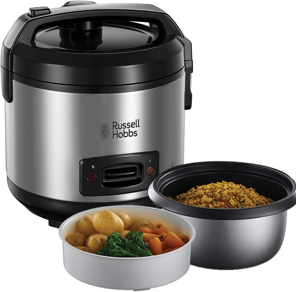 Russell Hobbs Orez la cuptor 1,2 l, inclusiv aburitor cu capac pentru aroma (functie de mentinere a caldurii, vas antiaderent, lingura de orez si cana de masurat, otel inoxidabil) 27080-56