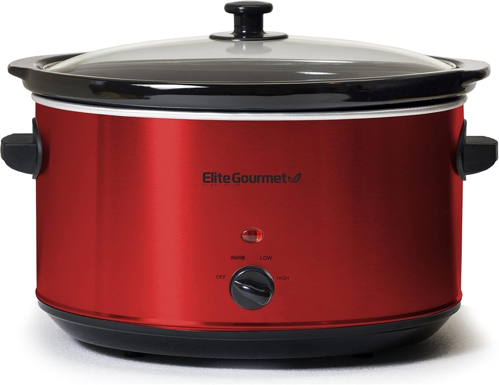 Elite Gourmet MST-900RXT XL Jumbo Slow Cooker, electric, ceramic, temperatura reglabila, pentru aperitive, sosuri, tocanite si dipuri, capac si recipient din sticla lavabile in masina de spalat vase, 8 l, rosu metalizat