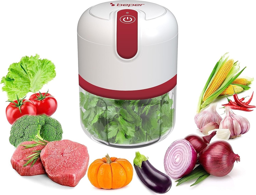 Tocator BEPER P102ROB050 cu conexiune USB, mini robot de bucatarie, capacitate 250 ml, alimentare 3,7 V, 3 lame din otel inoxidabil, baterie reincarcabila, rosu/alb, alb