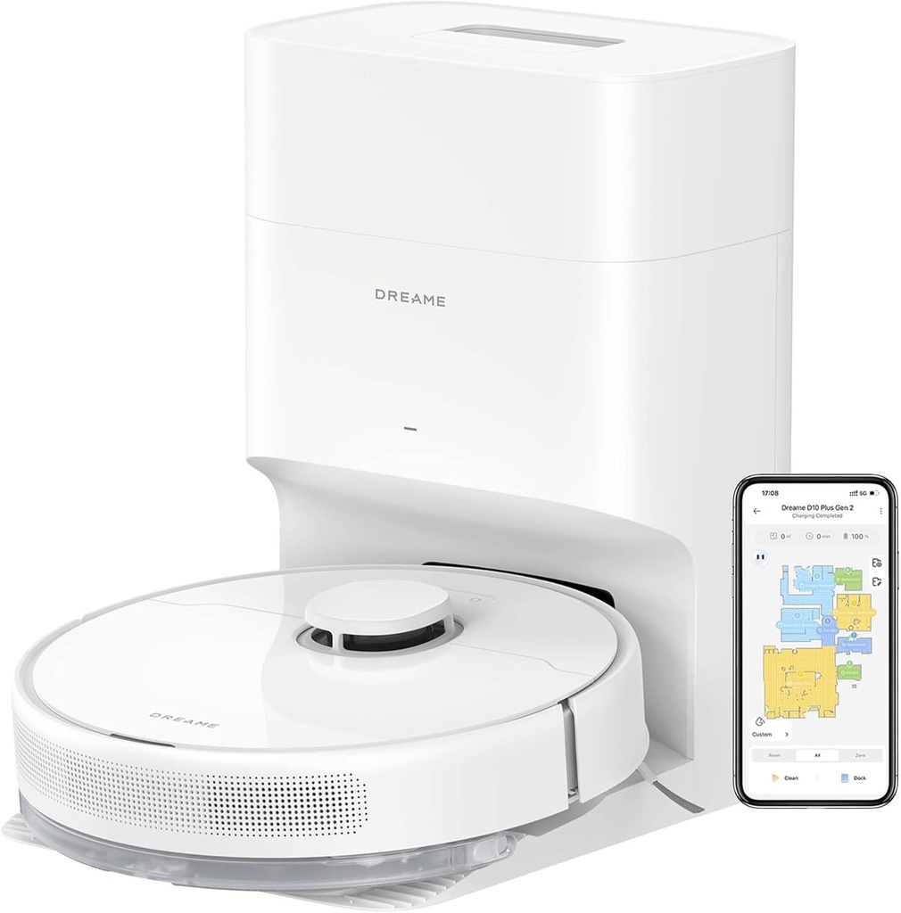 Aspirator robot dreame D10 Plus Gen 2 cu functie de stergere a prafului, golire automata a prafului, stocare de praf pana la 90 de zile, navigare LiDAR, putere de aspirare de 6000 Pa pentru covoare si par de animale, autonomie a bateriei de 285 de minute