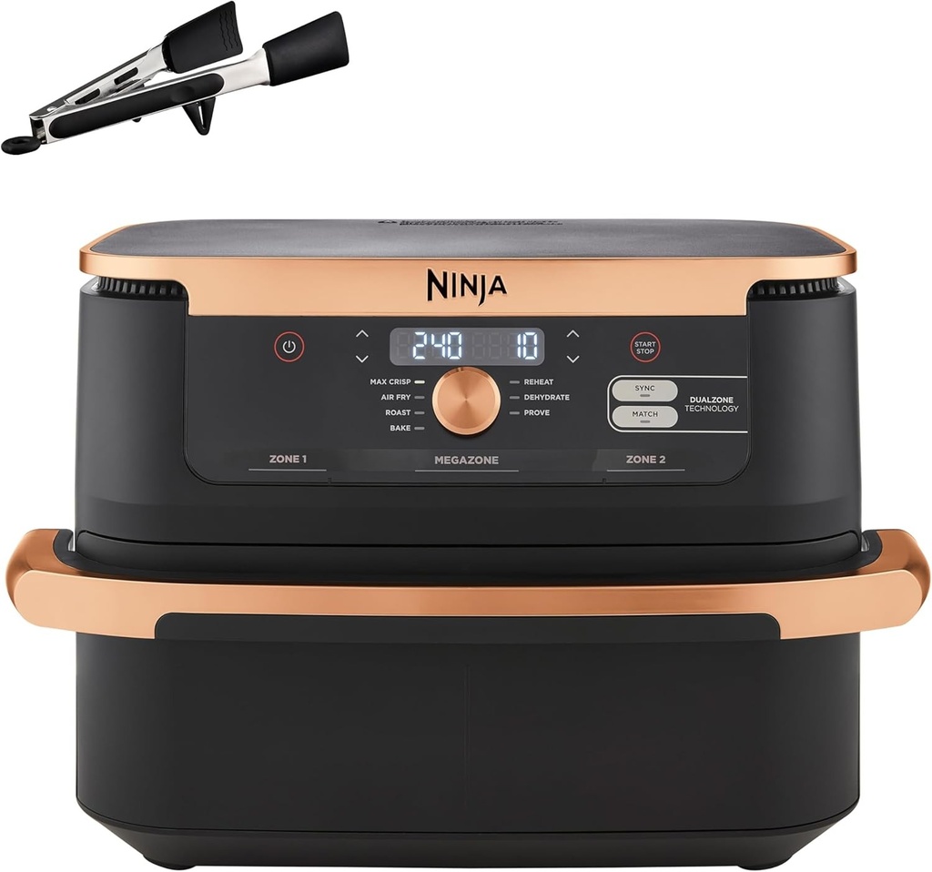Friteuza cu aer NINJA Foodi FlexDrawer, zona dubla cu separator detasabil, sertar mare de 10,4 l, 7 in 1, zona dubla, componente antiaderente lavabile in masina de spalat vase, negru si cupru, AF500EUCP