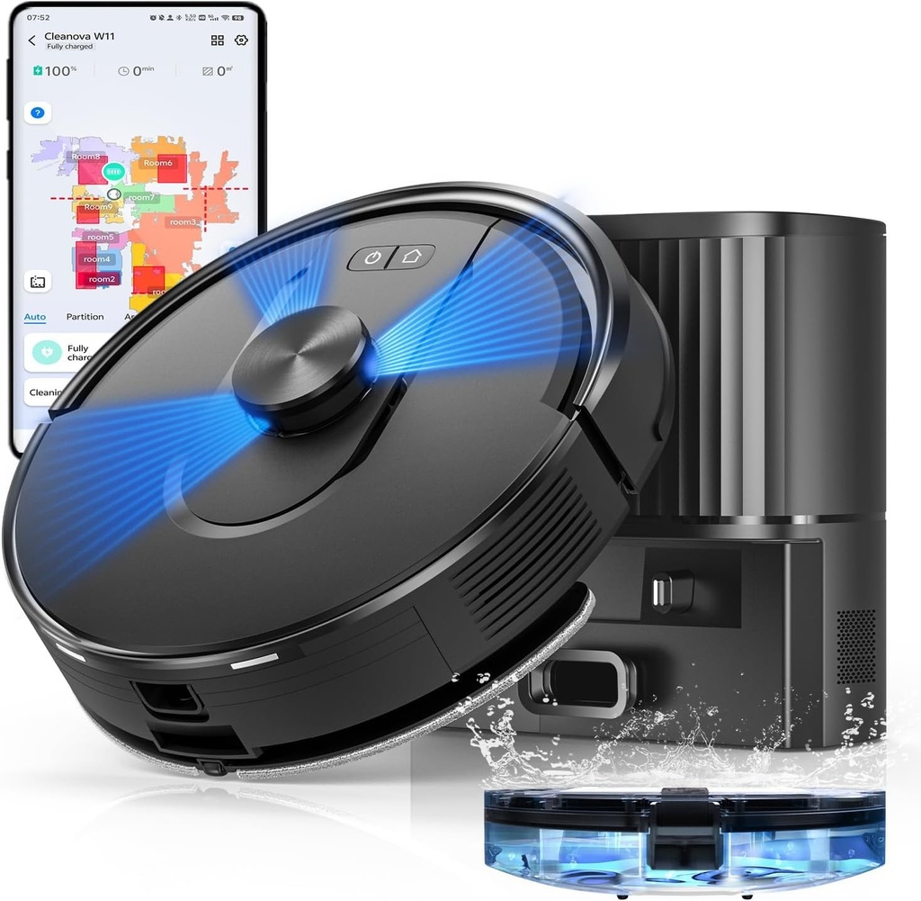 Aspirator robot cu mop Vexilar 5000Pa, aspirator robot Cleanova W11 cu golire automata a prafului, navigare LiDAR cu cartografiere, autonomie de 180 de minute, compatibilitate Alexa/aplicatie, ideal pentru covoare si par de animale