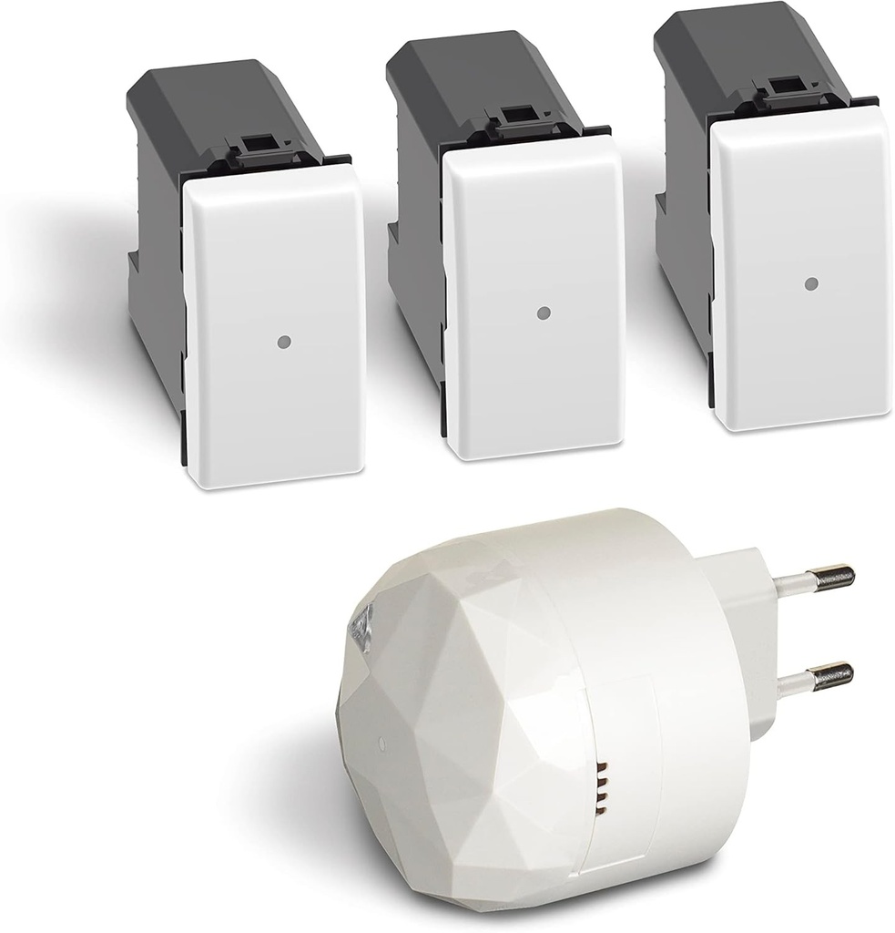 Kit de lumini conectate Bticino Matix Smart SAM3601KIT, cu 1 gateway plug-in S36GWDC si 3 intrerupatoare conectate AM4003C, pentru a aprinde si stinge luminile cu smartphone-ul sau cu Alexa, Siri si Google Home