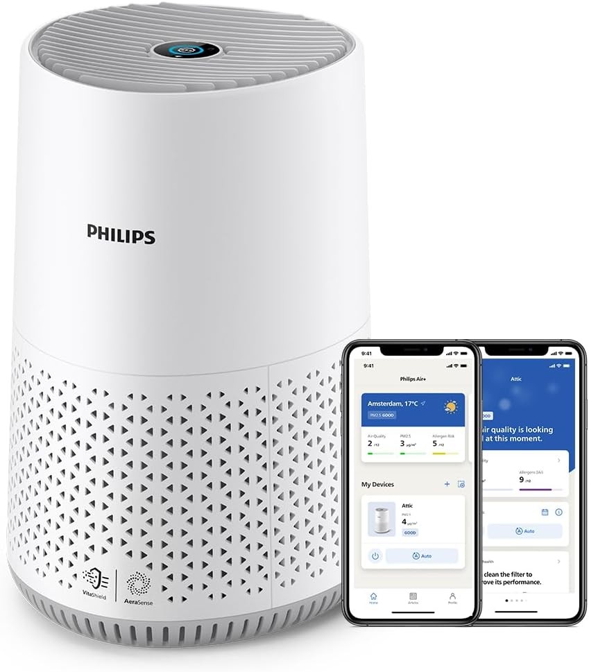 Purificator de aer Philips seria 600, senzor inteligent, ideal pentru alergii, filtru HEPA care elimina 99,97% dintre poluanti, acopera pana la 44 m², control prin aplicatie, alb (AC0651/10)
