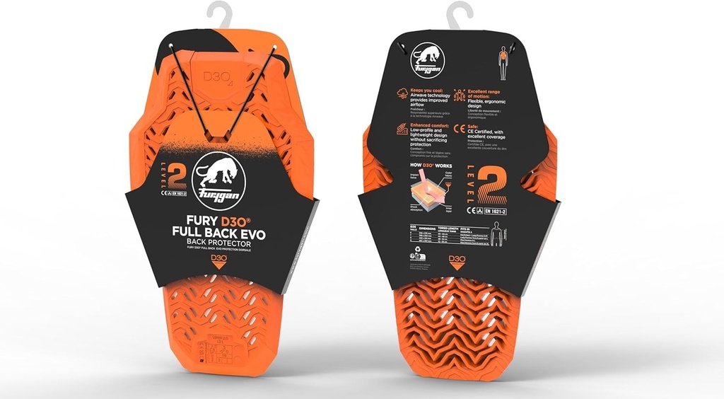 Furygan Full Back Fury D3O EVO – Protectie spate D3O aprobata Nivel 2 – protectie certificata pentru motociclete – usoara, confort flexibil – siguranta pentru ventilatie, Versiunea Portocalie 2024