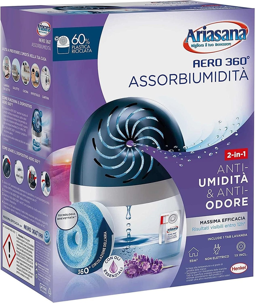 Kit de absorbtie a umiditatii Ariasana Aero 360°, dezumidificator reincarcabil neelectric, absorbant de umiditate impotriva condensului si mucegaiului, 1 dispozitiv si 1 rezerva de tablete cu lavanda de 450 g