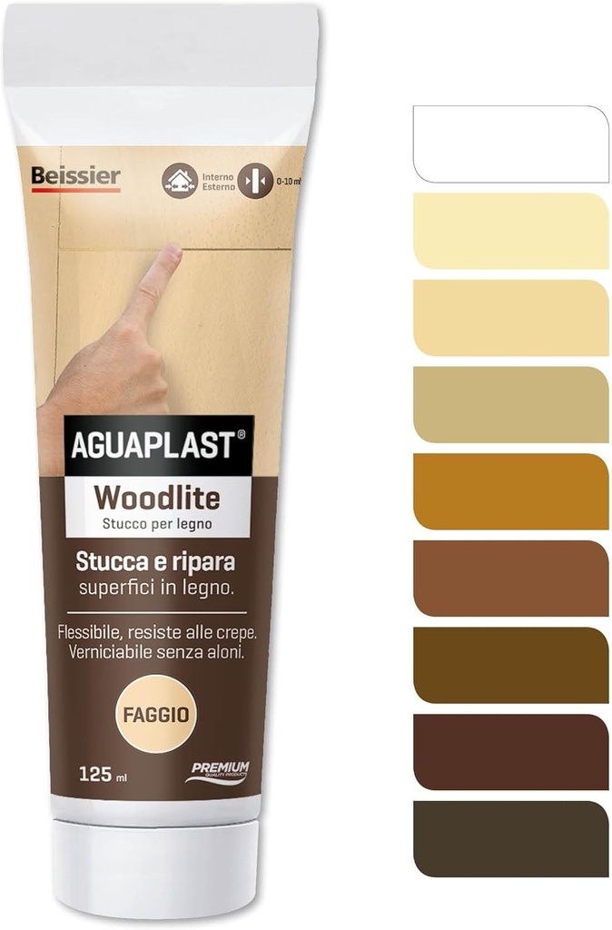 Chit de lemn colorat Aguaplast Woodlite. Bogat in fibre, rezista la expansiune de pana la 20%. Ideal pentru gauri si crapaturi intr-un singur strat, fara contractie. Fag.