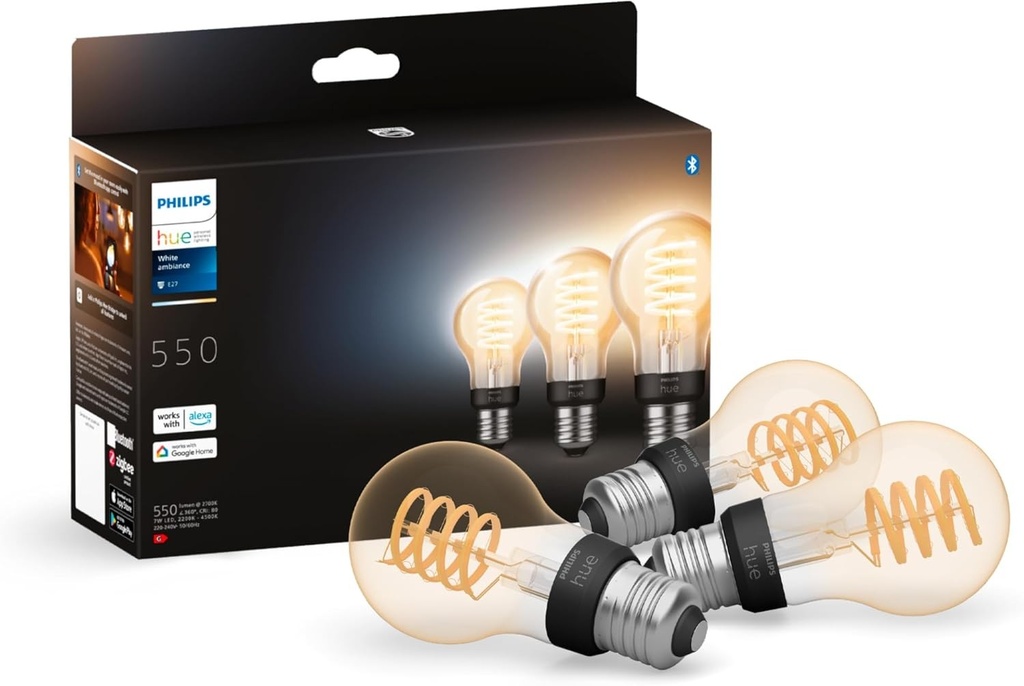 Bec LED inteligent cu filament Philips Hue White Ambiance, cu soclu E27, compatibil cu Bluetooth, pachet de 3, functioneaza cu Alexa, Google si Apple HomeKit