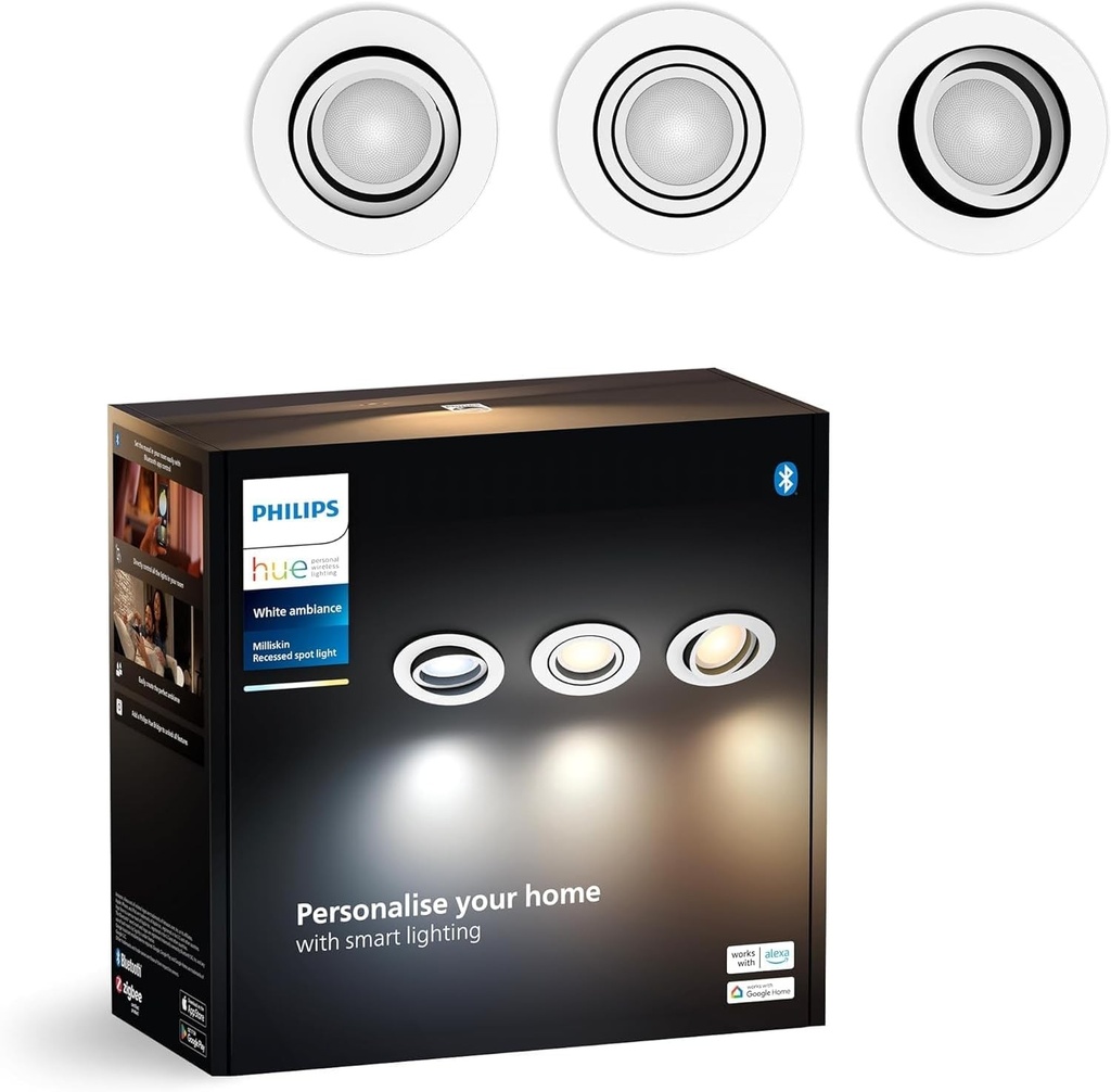 Spot incastrat inteligent Philips Hue, rotund, alb, 3x5W, pachet de 3