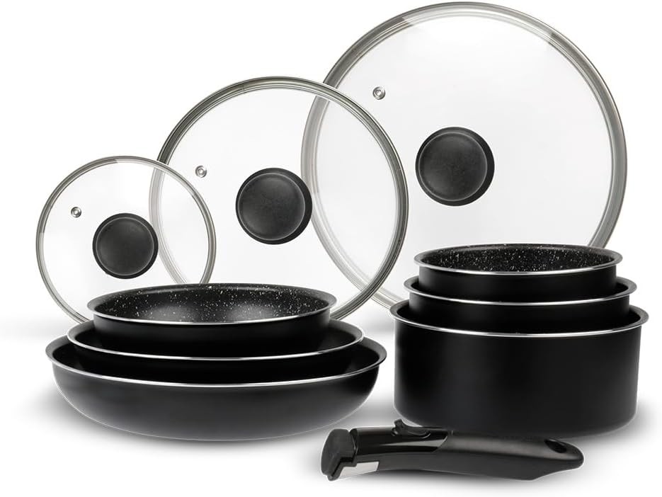 Set de vase de gatit Sitram 713499 din aluminiu, 10 piese: 3 tigai (diametru 20, 24, 28 cm) + 3 cratite (diametru 16, 18, 20 cm) + 3 capace de sticla (diametru 16, 20, 24 cm) + maner detasabil, potrivit pentru toate plitele, inclusiv cele cu inductie