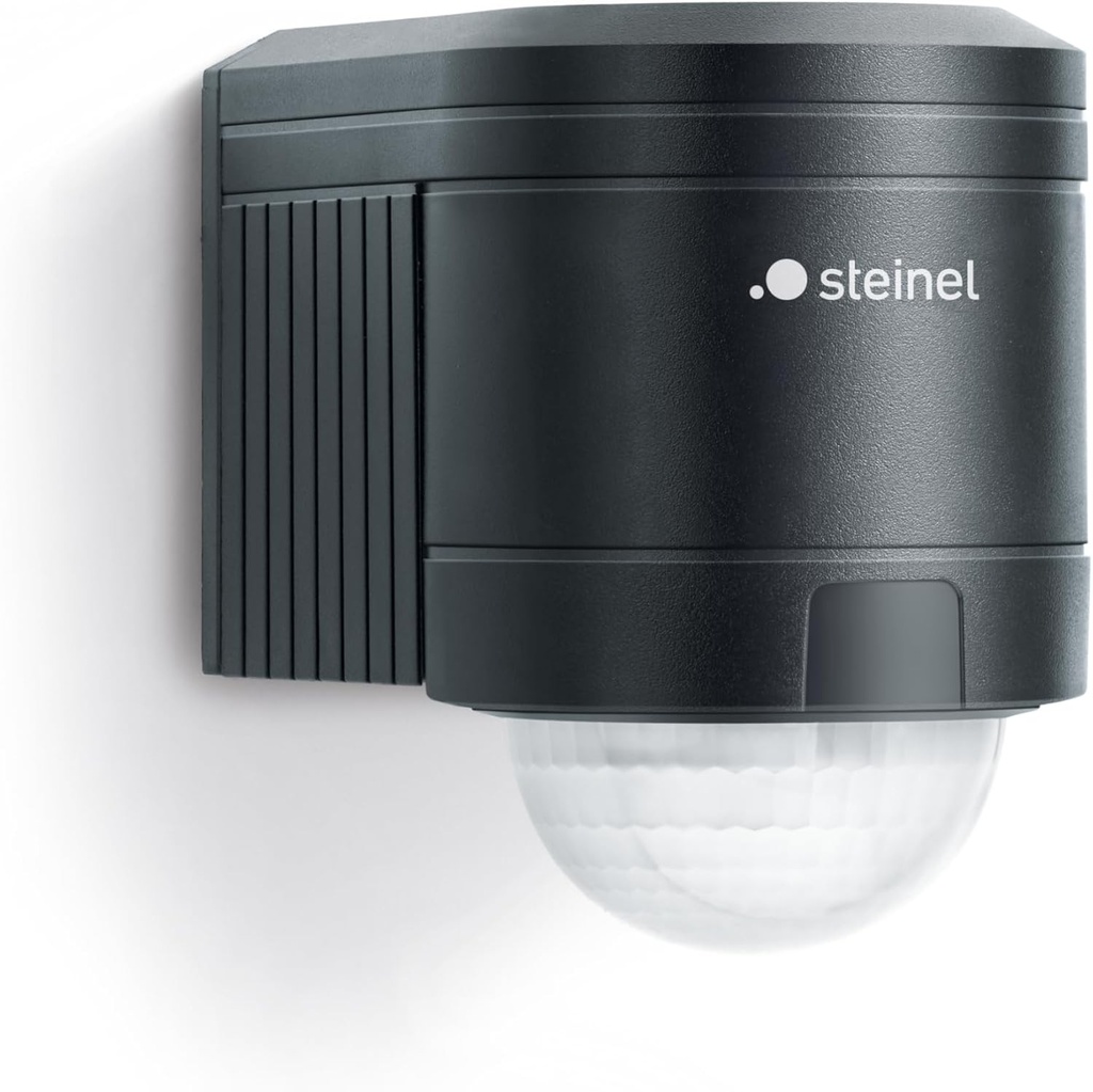 Steinel IS 240 Negru - Detector de miscare exterior cu infrarosu, unghi de detectie de 240° pentru fatade, iluminat de securitate exterior cu suport de colt din PVC, IP 54, 602710