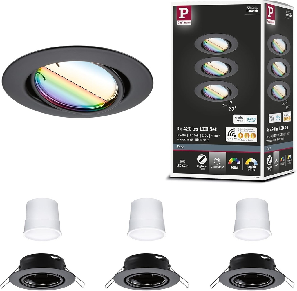 Paulmann 92468 Soclu LED incastrat Smart Home Zigbee Set Basic Pivotant Rotund 230V 3x4.9W 3x420lm Dimabil 90mm Negru Mat Metal RGBW+