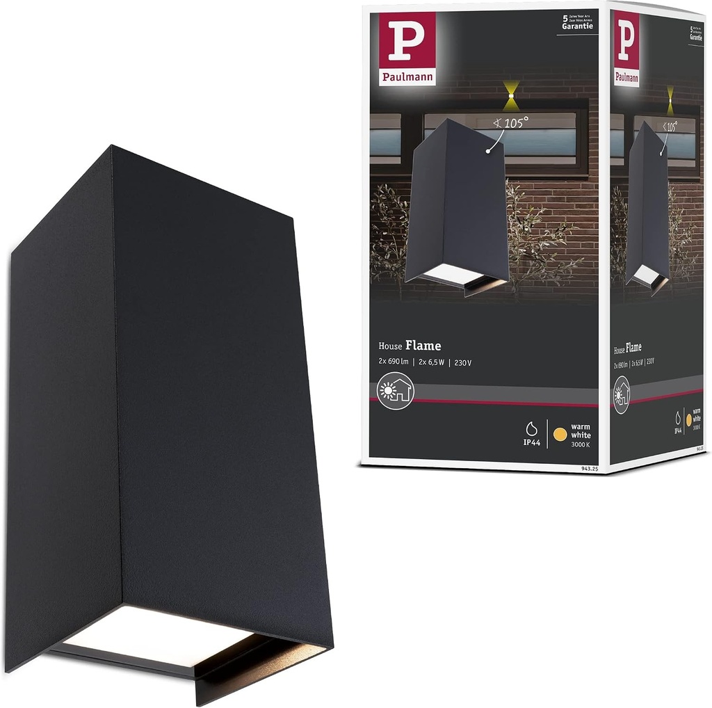 Paulmann 94325 Lampa de perete LED pentru exterior, flacara, pachet de 2, IP44, patrata, incl. 2x5,8 wati, antracit, aluminiu, 3000 K