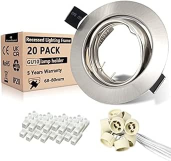 Set spoturi incastrate Wondlumi, 20 piese, GU10, rotunde, rama de montare pivotanta, otel inoxidabil periat, rama spot incastrat de 68 mm, 230 V, inclusiv soclu GU10 pentru LED sau halogen