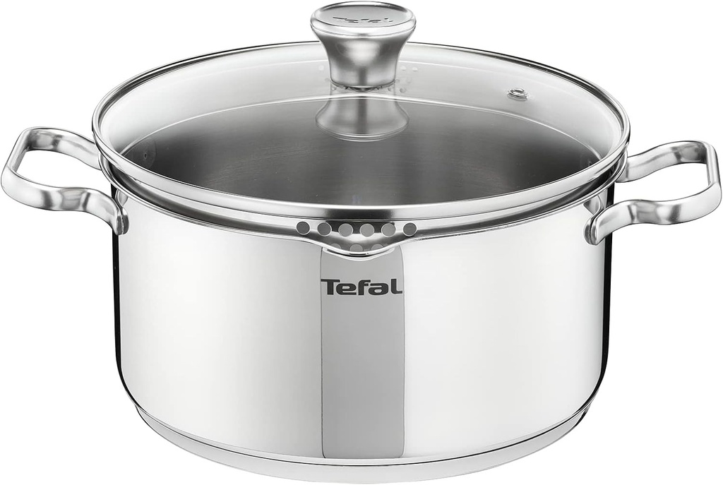 Cratita Tefal A70546 Duetto | 24 cm | Compatibila cu inductie | Se poate spala in masina de spalat vase | Scala de masurare | Capac de sticla pentru scurgere | Otel inoxidabil