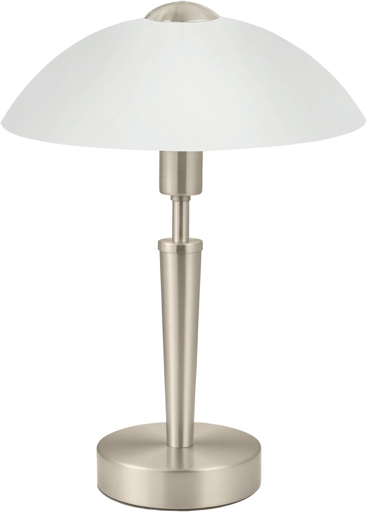 Lampa de masa Eglo SOLO 1, 1 lampa de masa in forma de flacara, material: otel, culoare: nichel mat, sticla: alb satinat, soclu: E14, variator tactil inclus