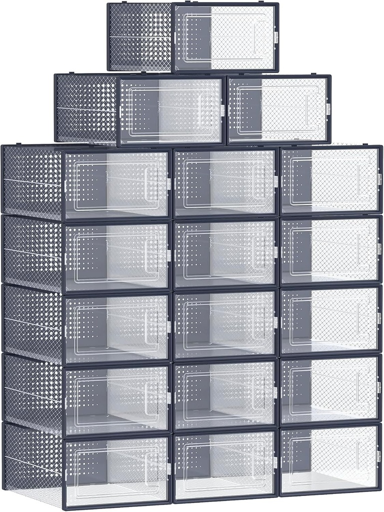 SONGMICS Cutii pentru pantofi, set de 18, depozitare pantofi, pliabile, pentru marimi de pana la 44, transparente si albastru carbon LSP18SB30