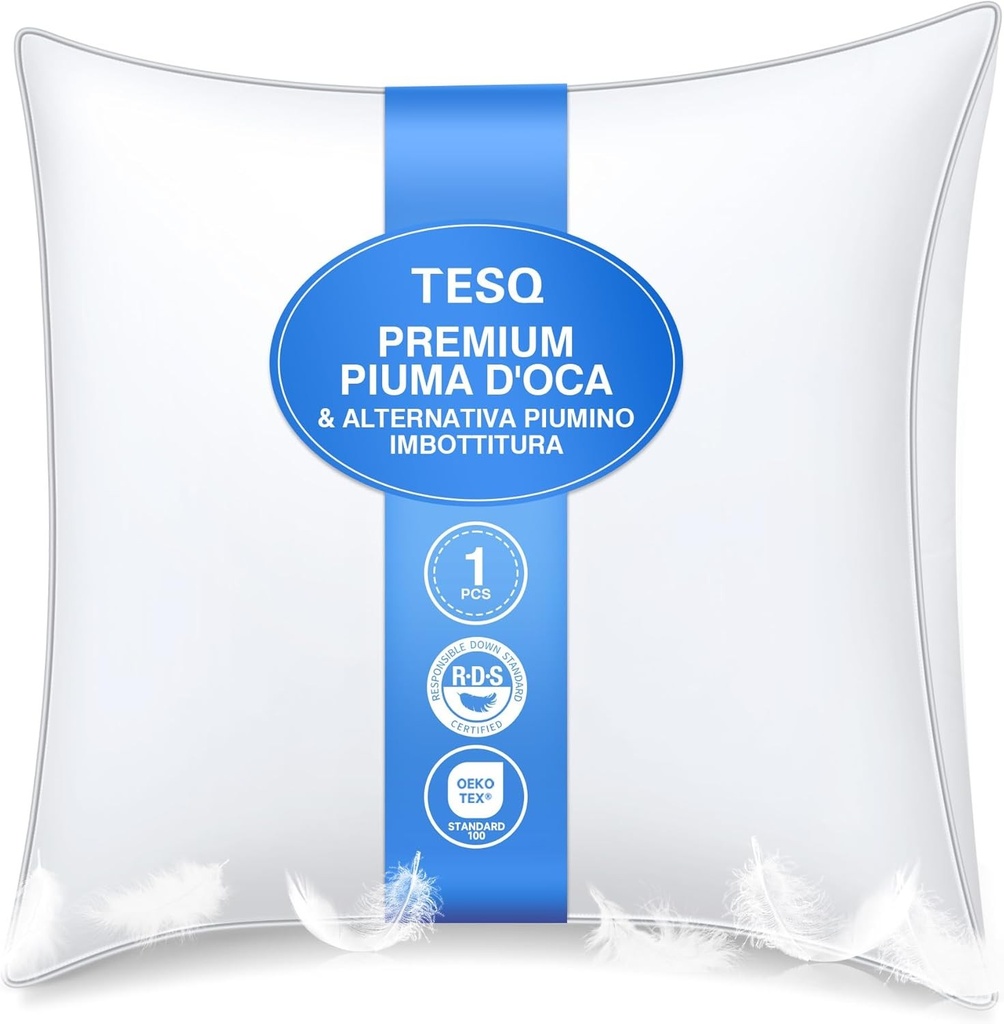 Perna de lux TESQ din pene 60x60 cm cu strat triplu de confort, perna premium pentru confort, perna igienica din puf, umplutura moale 100% pufoasa, lavabila si ecologica