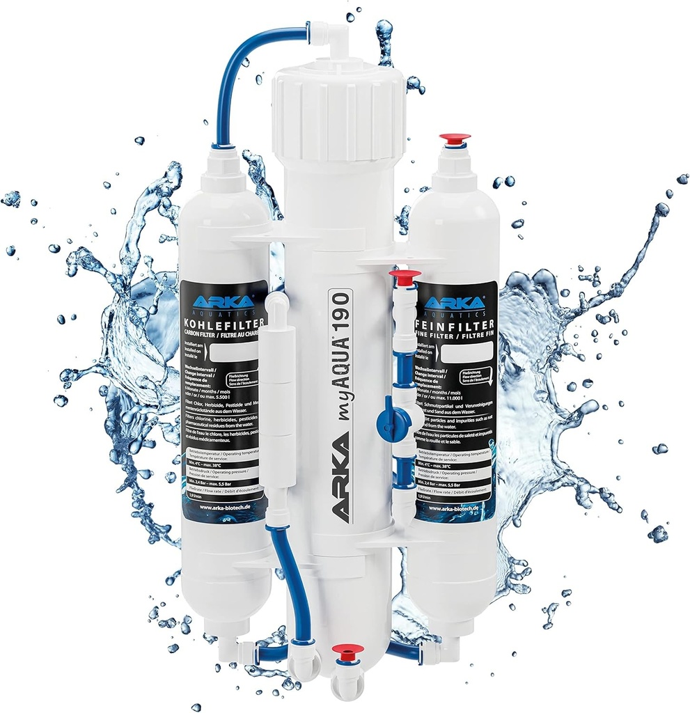 Sistem de osmoza inversa pentru acvarii – ARKA myAQUA 190 – elimina 99% dintre poluanti, saruri si bacterii – filtru si dedurizator de apa de 190 l/zi – instalare usoara – set complet pentru casa si acvariu