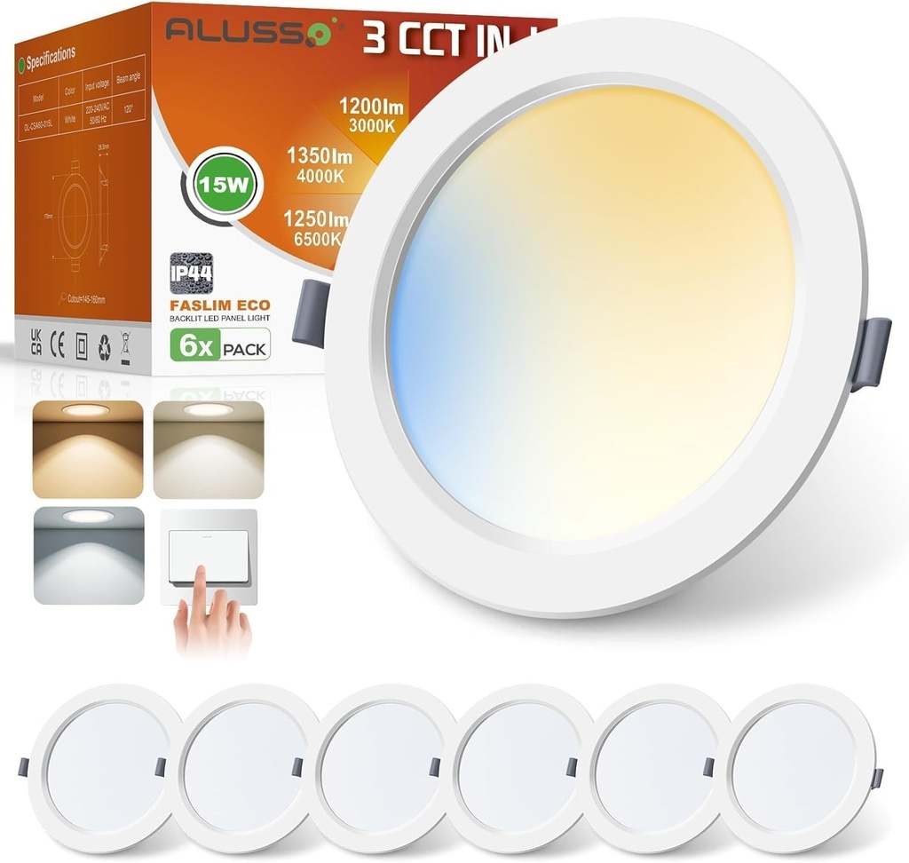 Spoturi LED incastrate ALUSSO® 15W 1350LM, 230V, ultra plate, pentru baie, 3CCT, alb cald 3000K, alb neutru 4000K, alb rece 6500K, spoturi de tavan IP44, corpuri de iluminat incastrate pentru living si bucatarie, set de 6