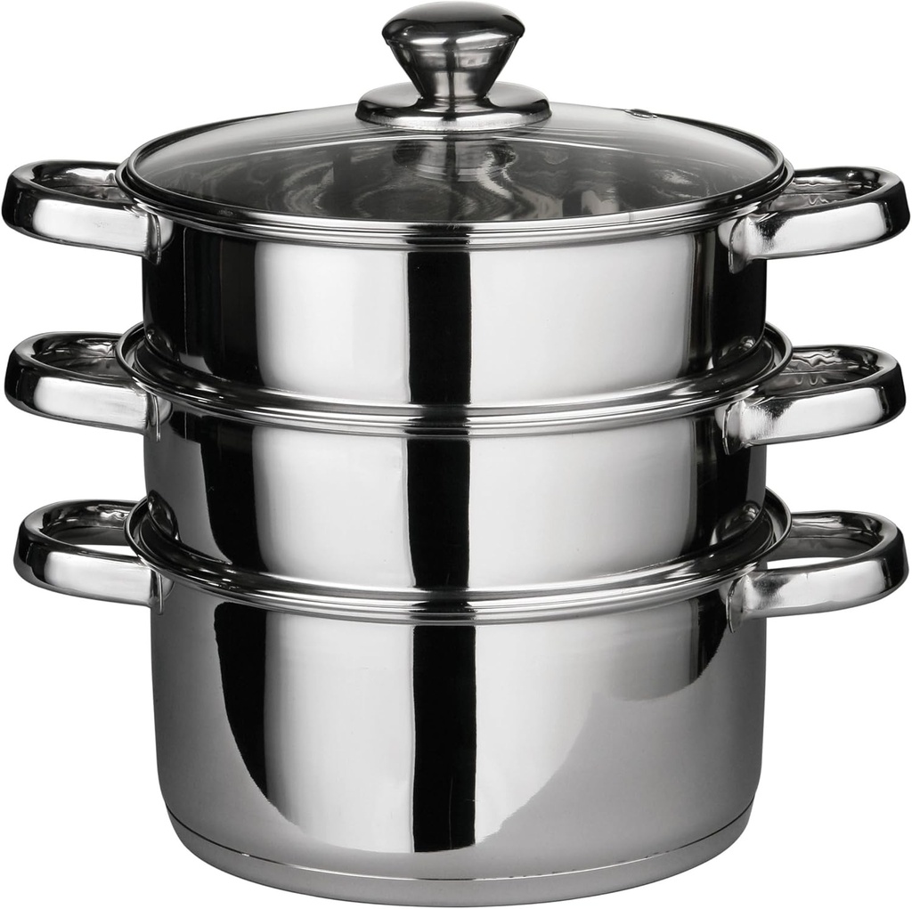 Aparat de gatit cu abur cu 3 niveluri Premier Housewares, otel inoxidabil, capac de sticla