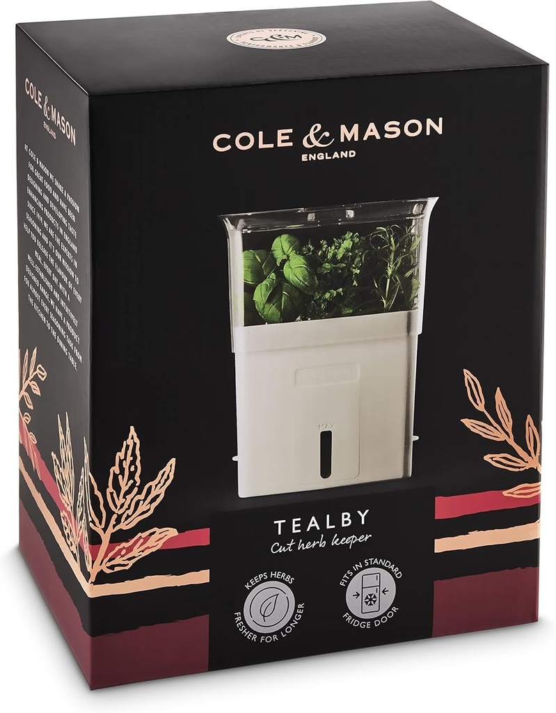 Cole & Mason Recipient frigider Tealby pentru ierburi proaspat taiate, alb, transparent, acrilic, 230 mm x 185 mm x 120 mm, capacitate apa 380 ml