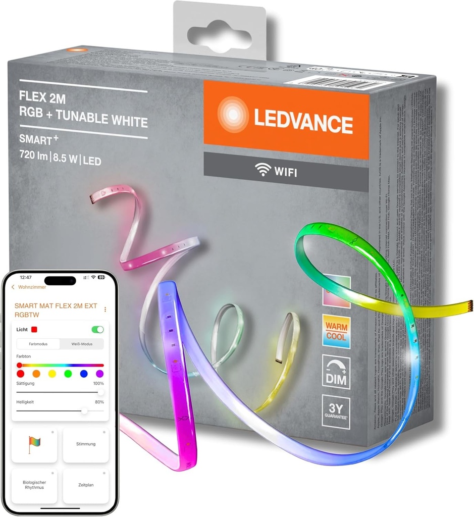Banda luminoasa inteligenta LEDVANCE LED cu tehnologie WiFi pentru uz interior, lungime 2 metri, culoare lumina reglabila (2700-6500K), culori RGB reglabile, grad de protectie IP20, SMART+ FLEX MULTICOLOR