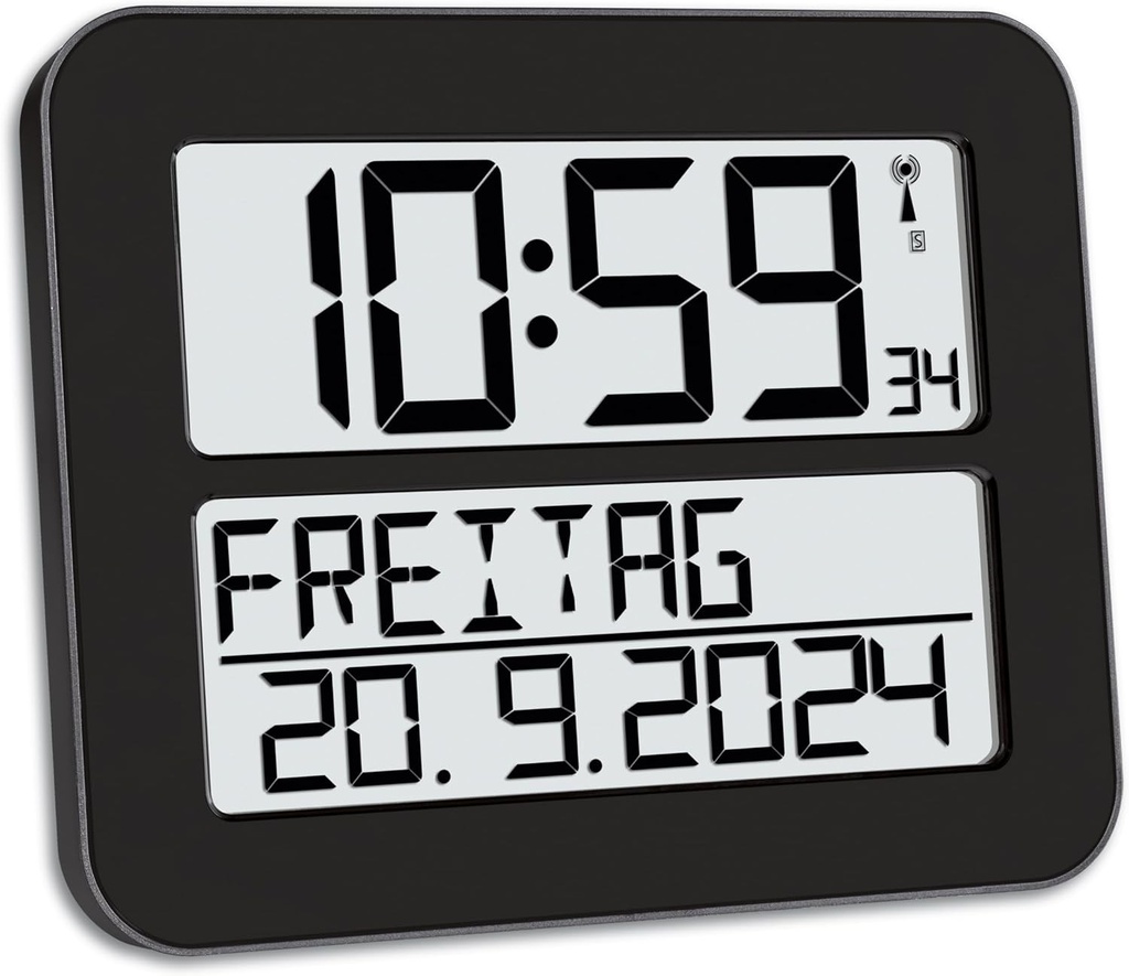 Ceas de perete digital radiocomandat TFA Dostmann Timeline Max, 60.4512.01, ceas radiocomandat usor de citit, ceas pentru dementa, ceas de bucatarie, cu ziua saptamanii si data scrise pe litere, cu functie de alarma, 25,8 x 3 x 21,2 cm, negru