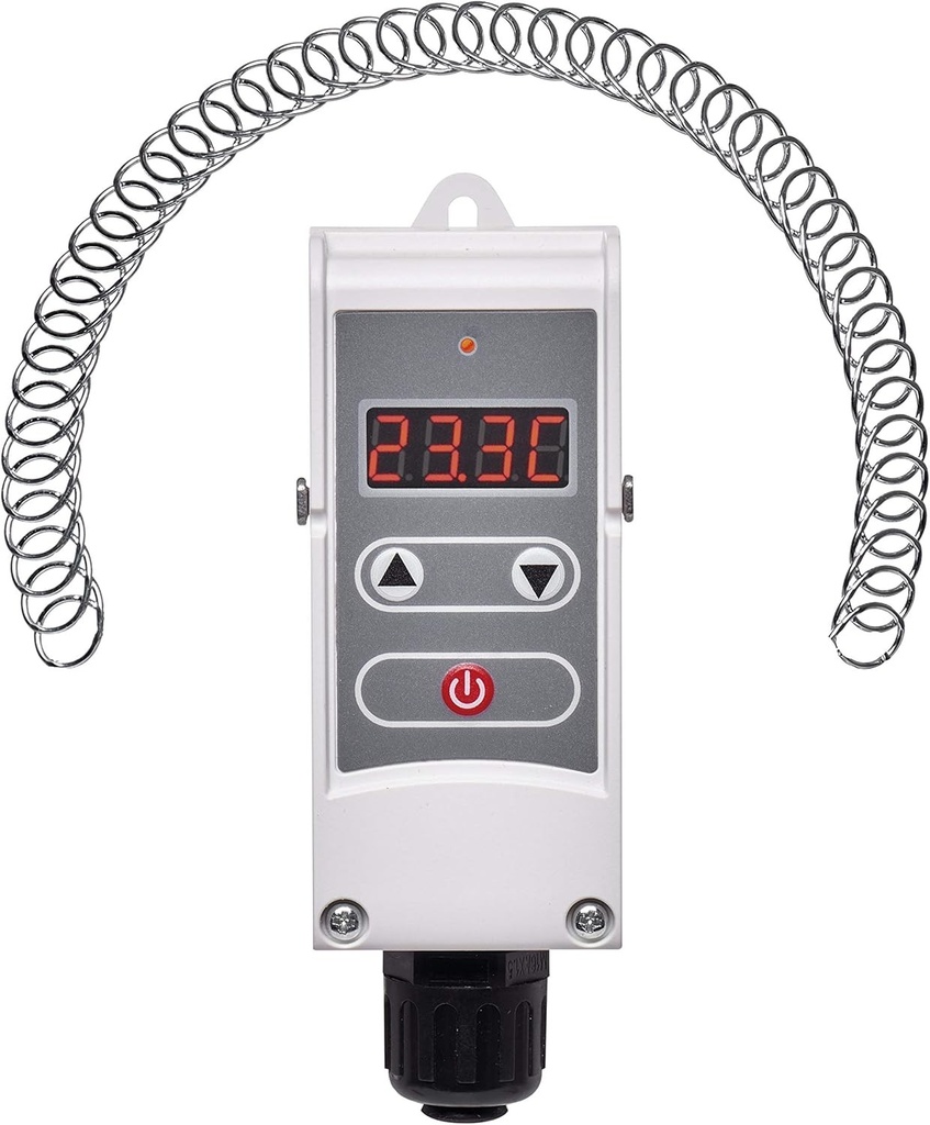 EMOS P5683 Termostat pentru montare pe suprafata cu sensibilitate de comutare reglabila, arc elicoidal si afisaj digital / Termostat pentru montare pe teava, interval de setare 5 °C pana la 80 °C, 45 x 45 x 110 mm
