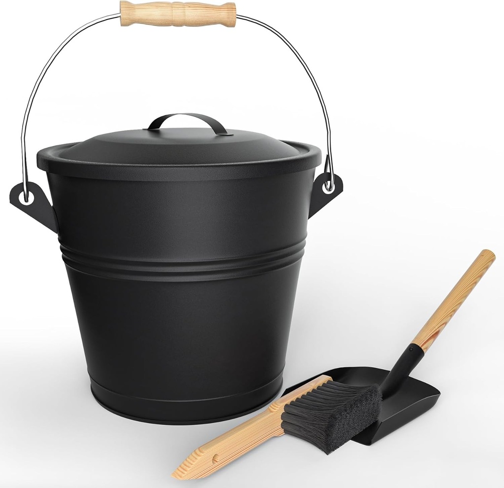 Galeata metalica pentru cenusa VOUNOT® cu capac, lopata si perie manuala, galeata pentru carbune si accesorii pentru semineu, semineu si soba pe lemne, capacitate 5L, neagra