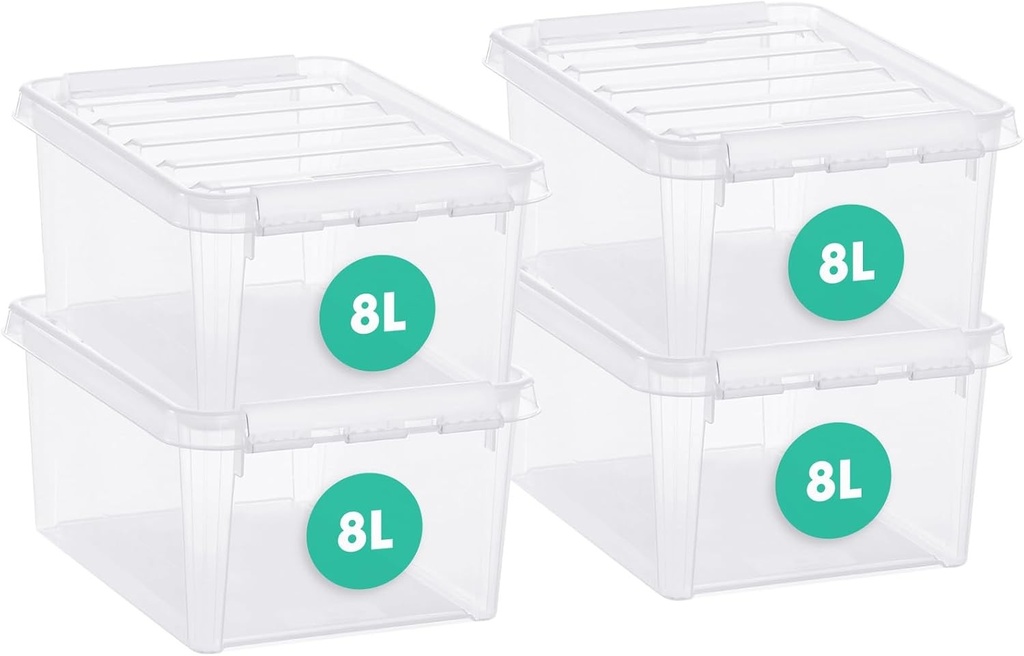 SmartStore - 4x Cutii de depozitare din plastic clasice de 8L cu capac (34x25x16cm) | Stivuibile si de calitate alimentara | Cutie din plastic cu capac si colturi intarite 