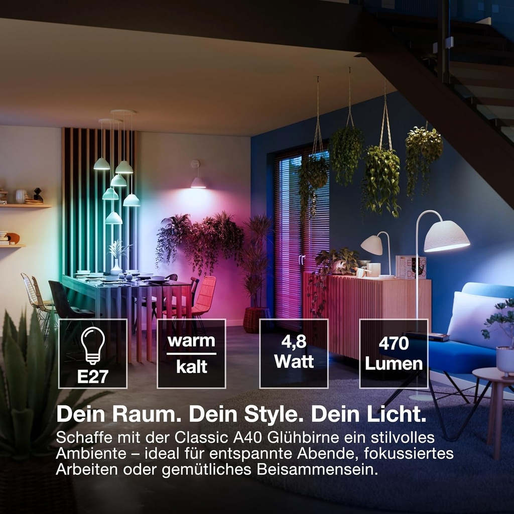 Lampa LED Osram SMART+, forma de bec A40 RGBW E27, filament, Matter-ready, controlabila prin aplicatie, multicolora, conexiune WiFi, 2700–6500 K