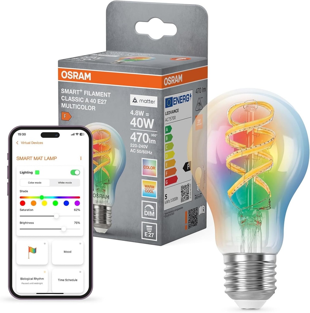 Lampa LED Osram SMART+, forma de bec A40 RGBW E27, filament, Matter-ready, controlabila prin aplicatie, multicolora, conexiune WiFi, 2700–6500 K