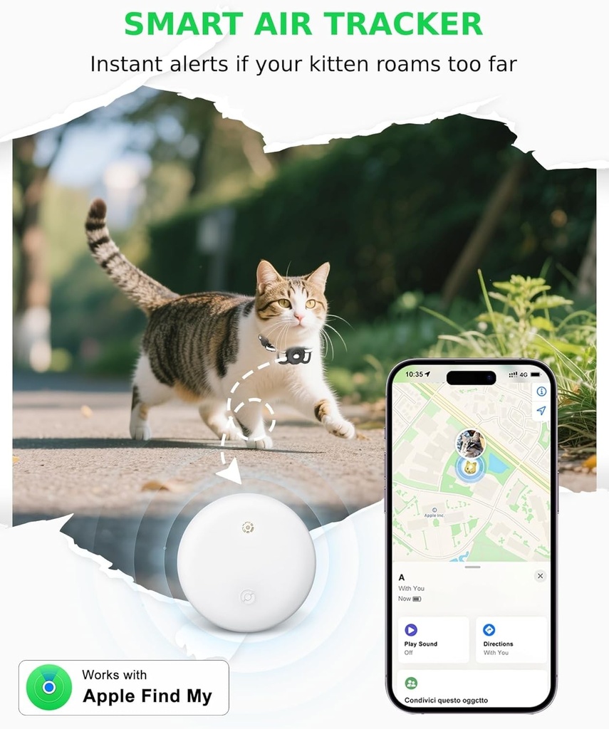 Zgarda inteligenta de urmarire a animalelor de companie pentru pisici - Localizator de animale de companie cu suport, fara taxa lunara, compatibil cu Apple AirTag Find My (doar pentru iOS), dispozitiv de urmarire anti-pierdere pentru animale de companie