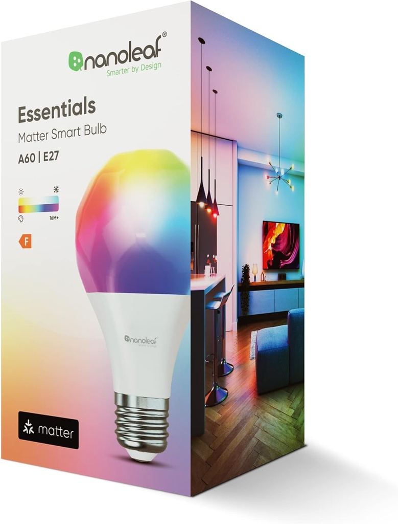 Bec inteligent si reglabil Nanoleaf Matter Essentials E27 RGBW - 16 milioane de lumini LED colorate, Matter over Thread, Bluetooth, functioneaza cu Apple Google Home, sincronizare muzica si monitor, Produse pentru casa si jocuri