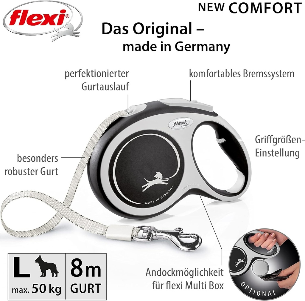 flexi® Comfort L Belt 8 m neagra, lesa retractabila pentru caini de pana la 50 kg