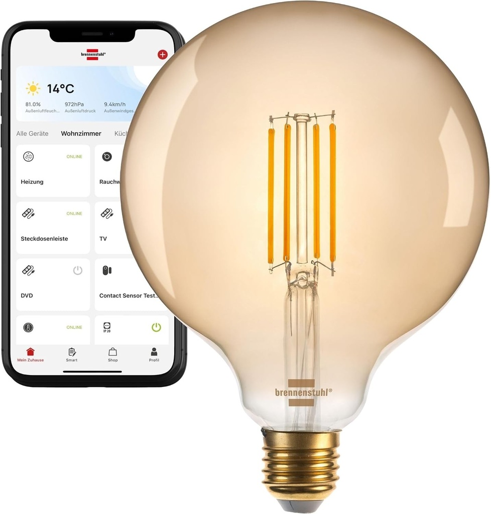 Bec LED cu filament Brennenstuhl Connect WiFi, forma globulara (bec vintage compatibil cu Amazon Alexa si Google Assistant, E27, 470 lm, 4,9 W, alb cald 2200 K, reglare continua a intensitatii luminoase, retro, aplicatie gratuita)
