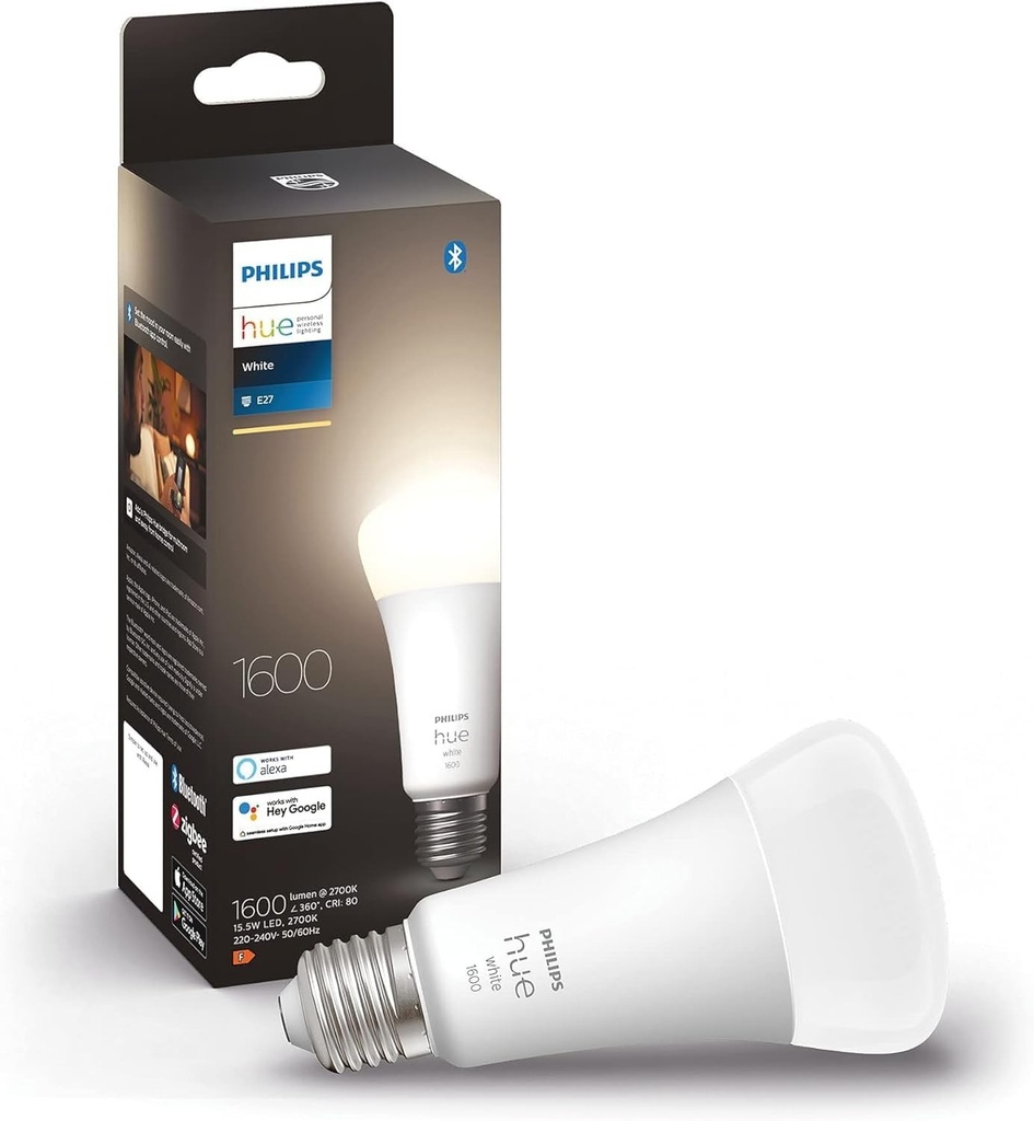 Bec LED inteligent Philips Hue White, E27, 100W, 1600 lumeni, compatibil Bluetooth, functioneaza cu Alexa, Google Assistant si Apple HomeKit