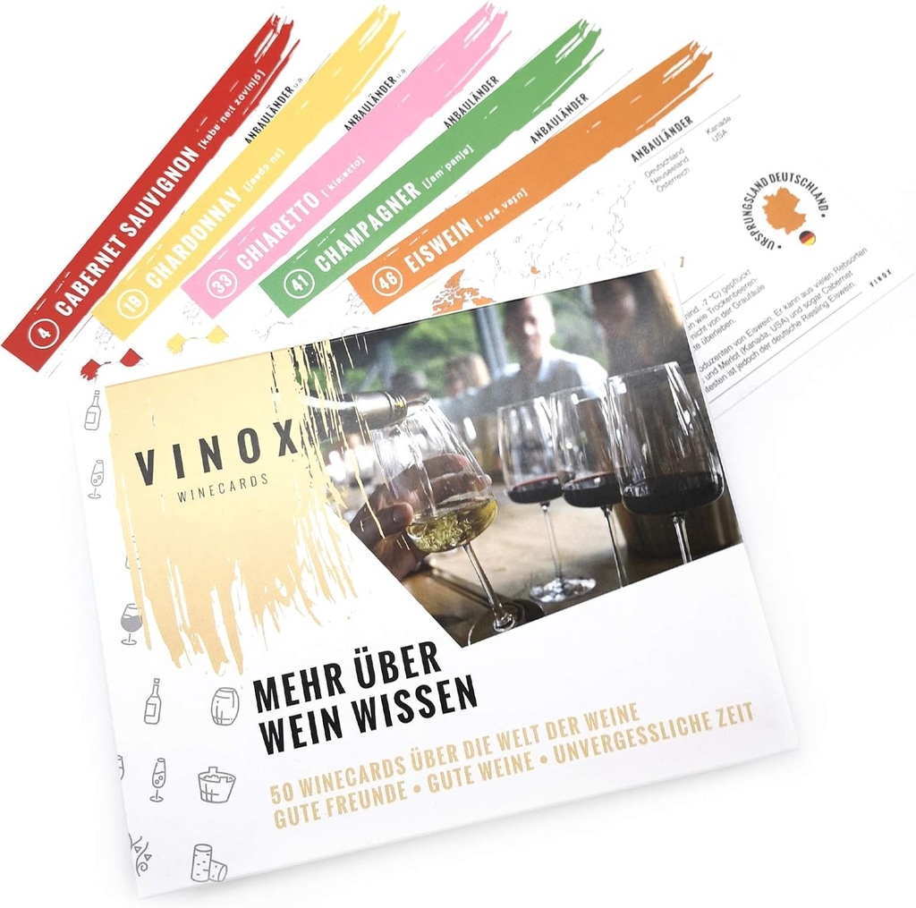 VINOX® – 50 de carduri cu vinuri pentru iubitorii de vin | Aflati mai multe despre vin | Degustare de vinuri Produse pentru casa | Set cadou special cu vinuri pentru Craciun | Fabricat in Germania