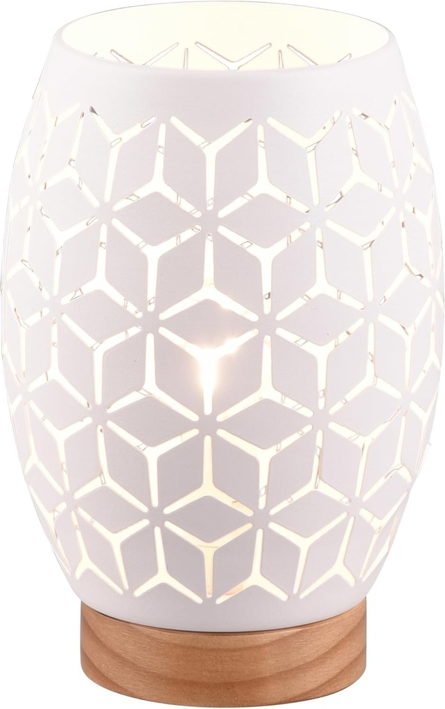 Lampa de masa Reality Leuchten Bidar R51571031, metal alb mat, lemn natural, excluzand 1x bec E27.